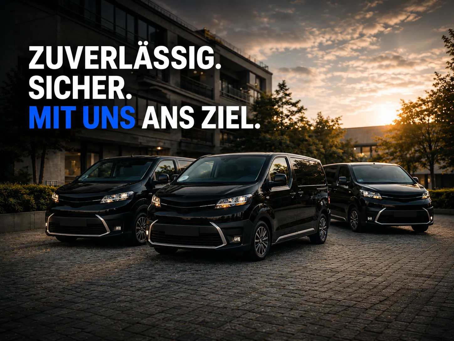 Dein Fahrservice Startseitenbild mit Fahrzeugflotte und Slogan Zuverlässig. Sicher. Mit uns ans Ziel.